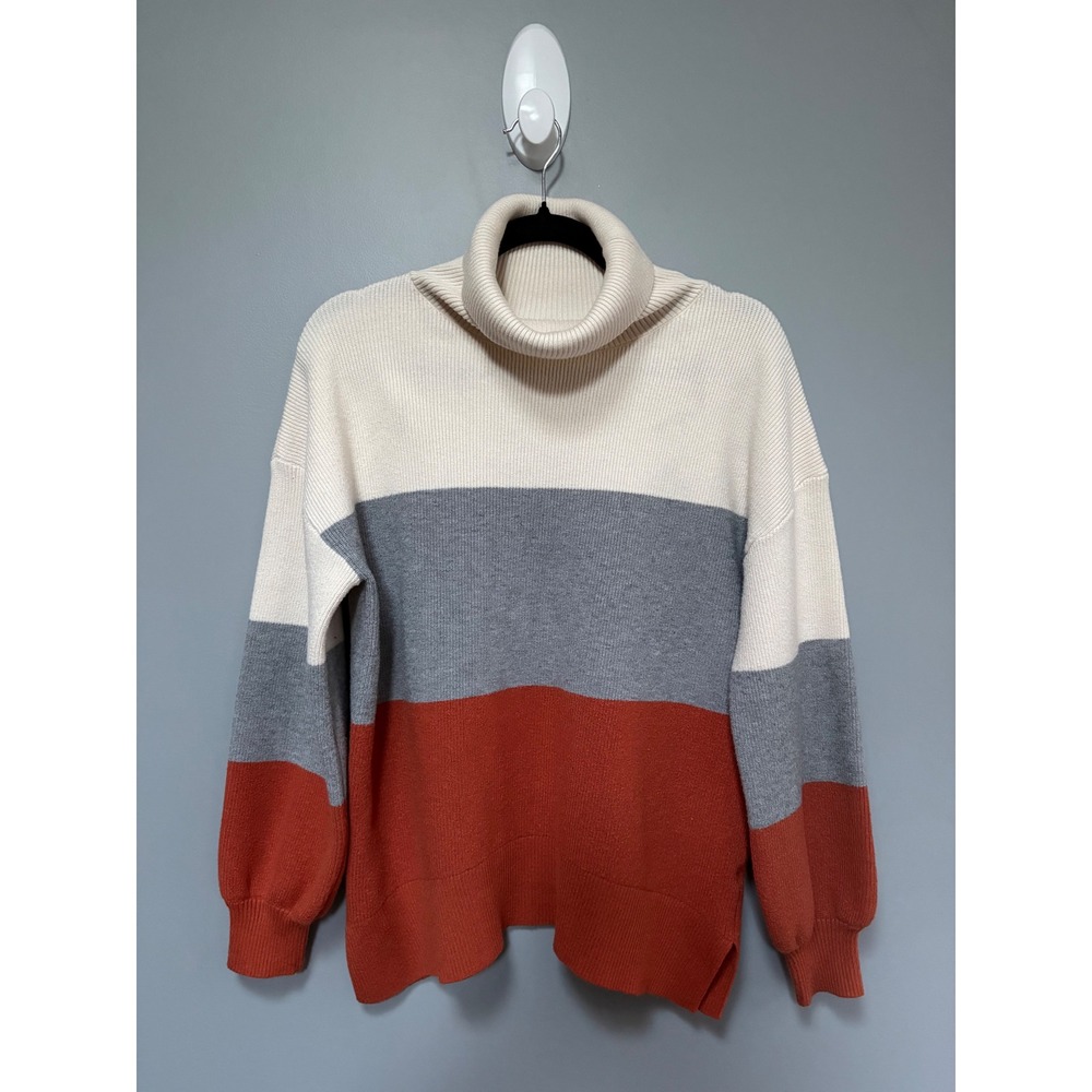 Women Colorblock Turtleneck Sweater Ribbed Knit Pullover Cream Grey Rust